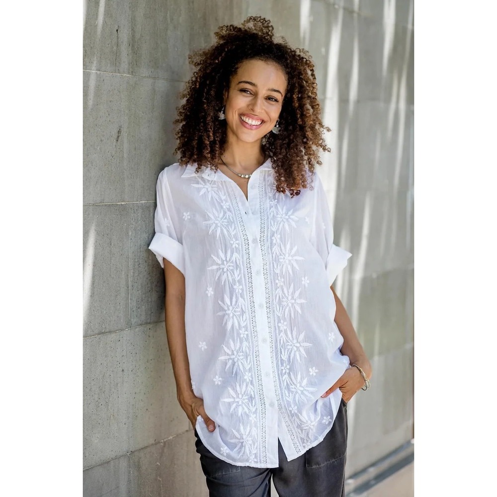 Novica S Chikankari Embroidered White Cotton Button Front Blouse India Boho
